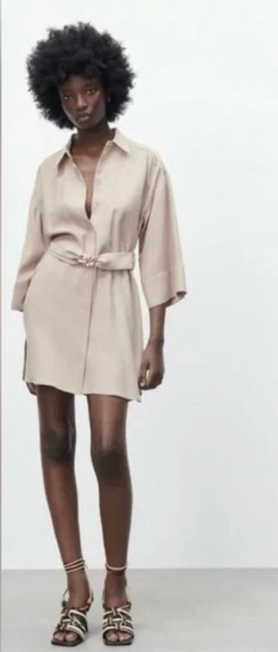 Zara Beige Linen-Blend Chain-Link Accent Belted 3/4 Sleeve Dress-Size M